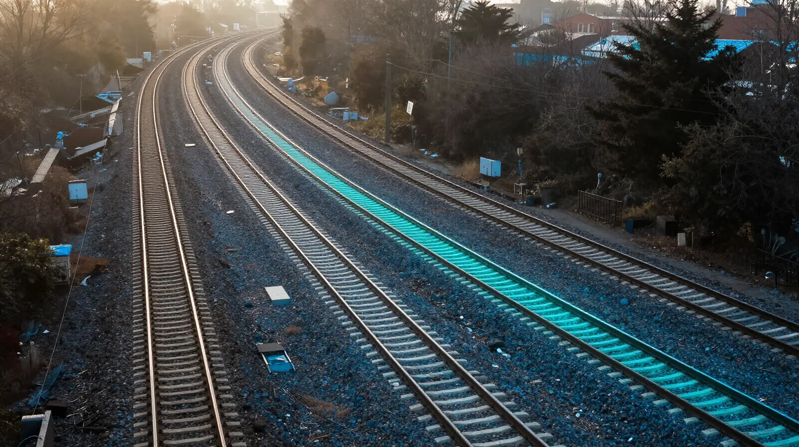Many railway tracks seen from above, a single track glowing through the curve