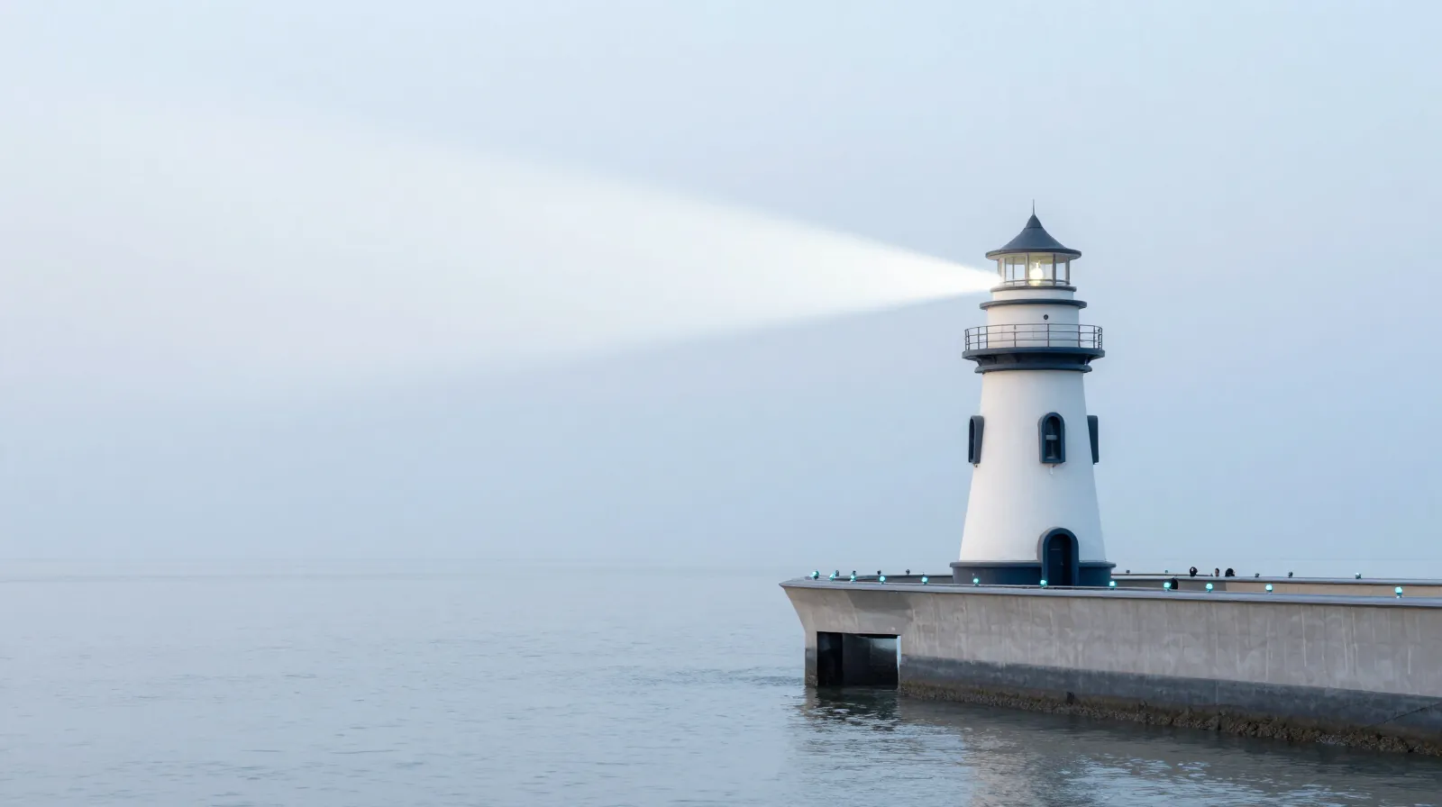 A white lighthouse on a bright morning coast, its beam sweeping along a pier lined with small lights
